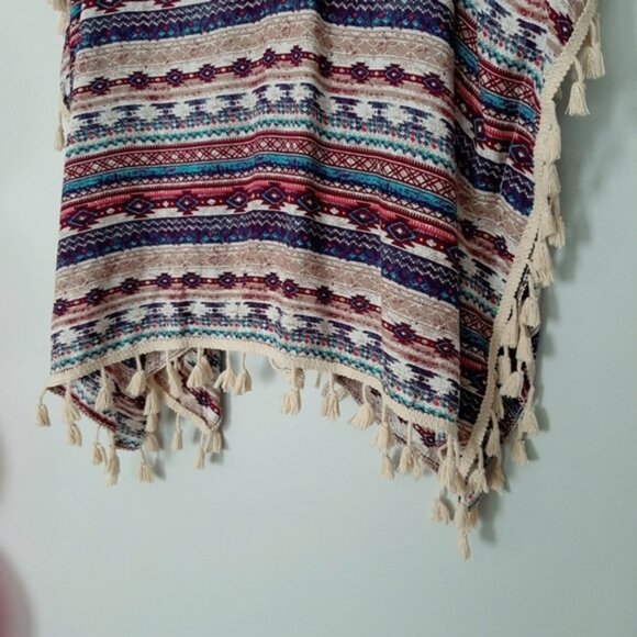 KISMET Light Boho Colorful Patterned Kimono Poncho Fringe Trim Southwestern OS - Picture 12 of 13